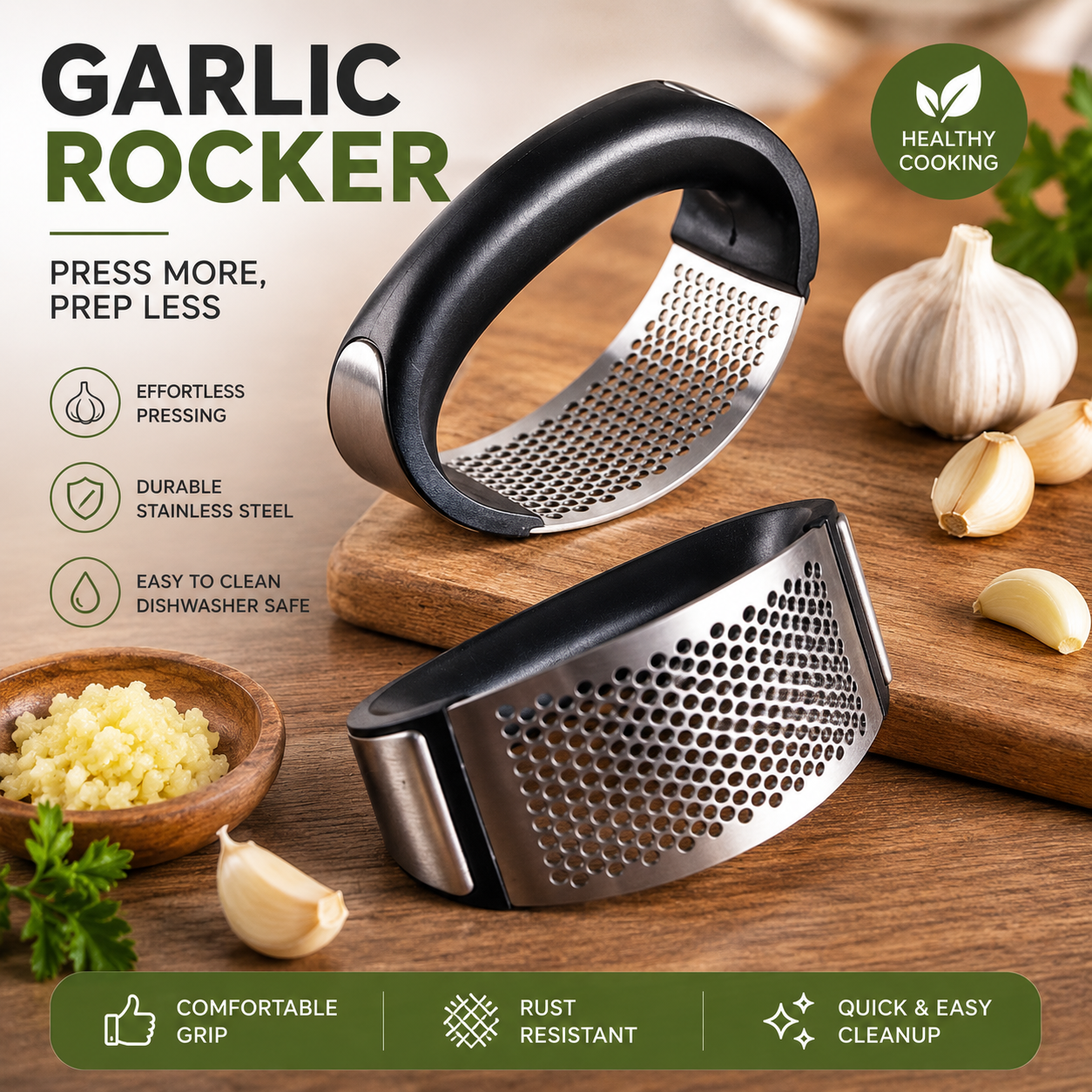 Premium Stainless Steel Garlic Mincer & Garlic Crusher – Ergonomic Manual Garlic Press for Fast Kitchen Prep