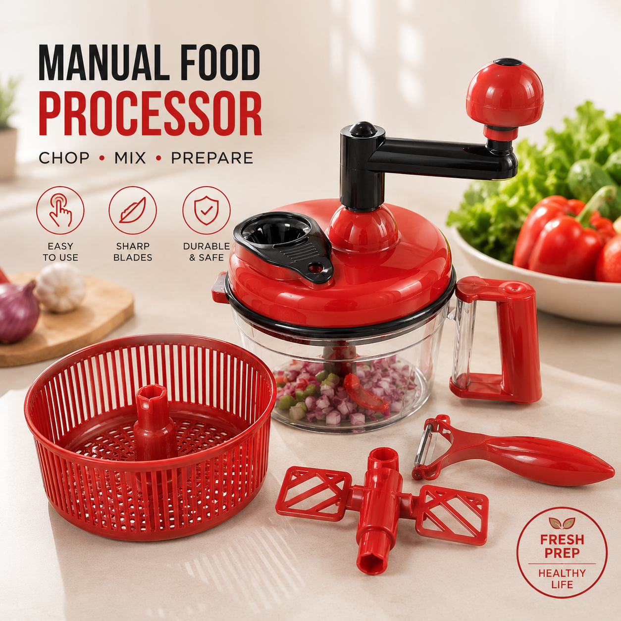 Multifunction Manual Food Chopper & Mixer – Hand Pull Vegetable Chopper with Egg Separator and Anti-Slip Bowl
