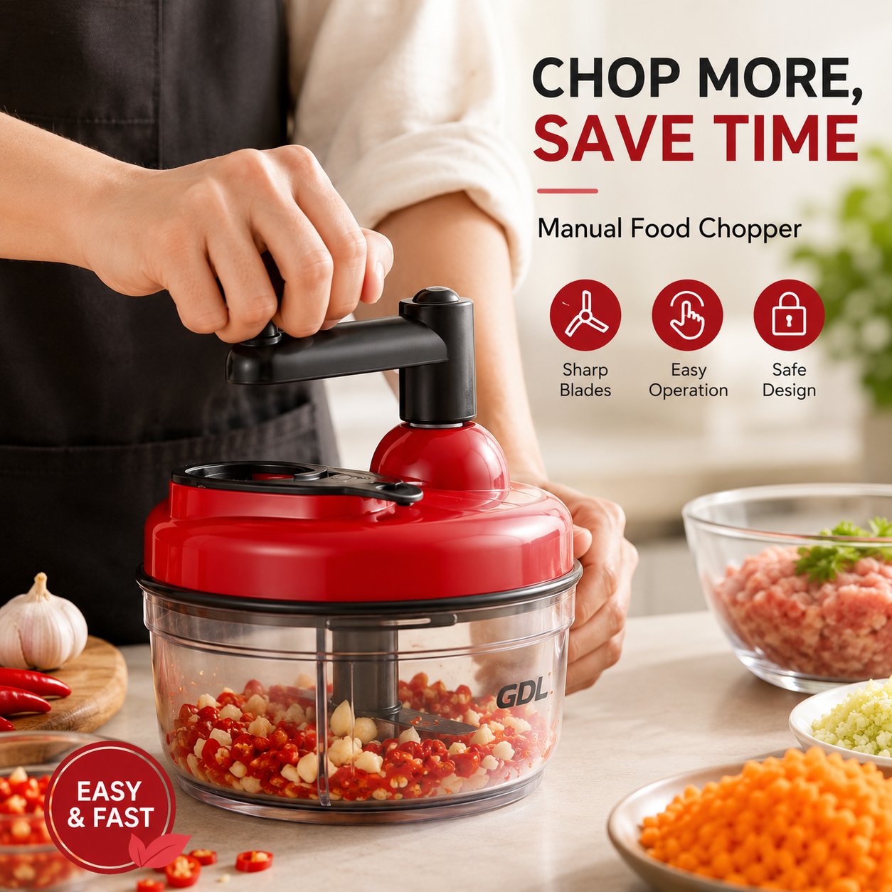 Multifunction Manual Food Chopper & Mixer – Hand Pull Vegetable Chopper with Egg Separator and Anti-Slip Bowl