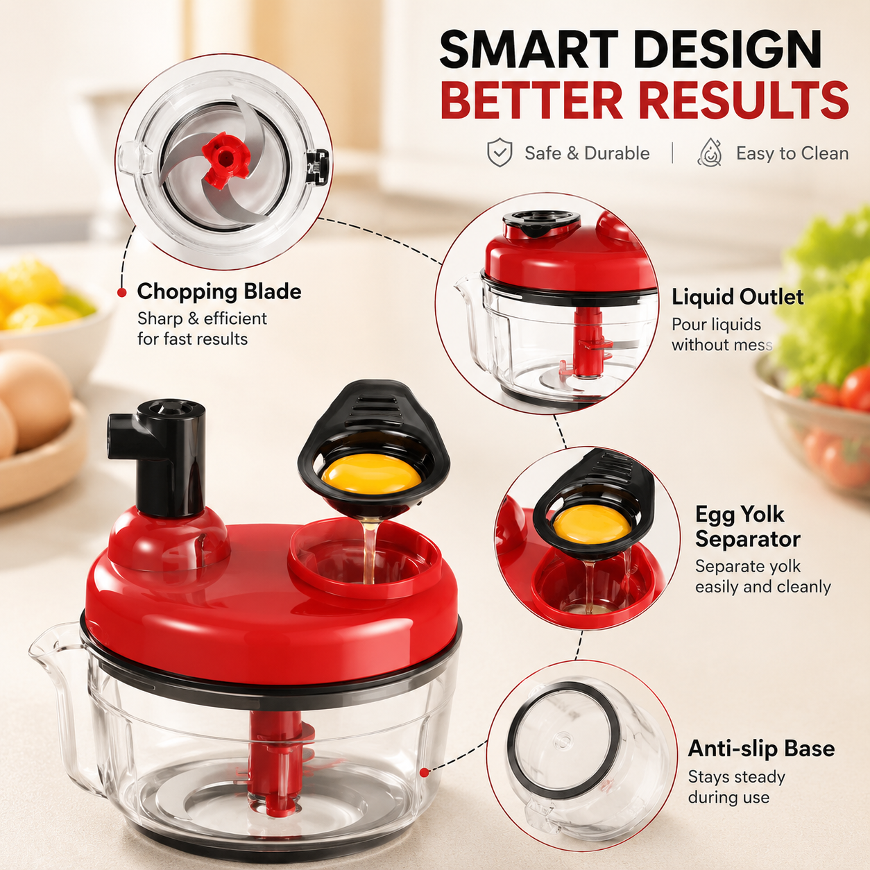 Multifunction Manual Food Chopper & Mixer – Hand Pull Vegetable Chopper with Egg Separator and Anti-Slip Bowl