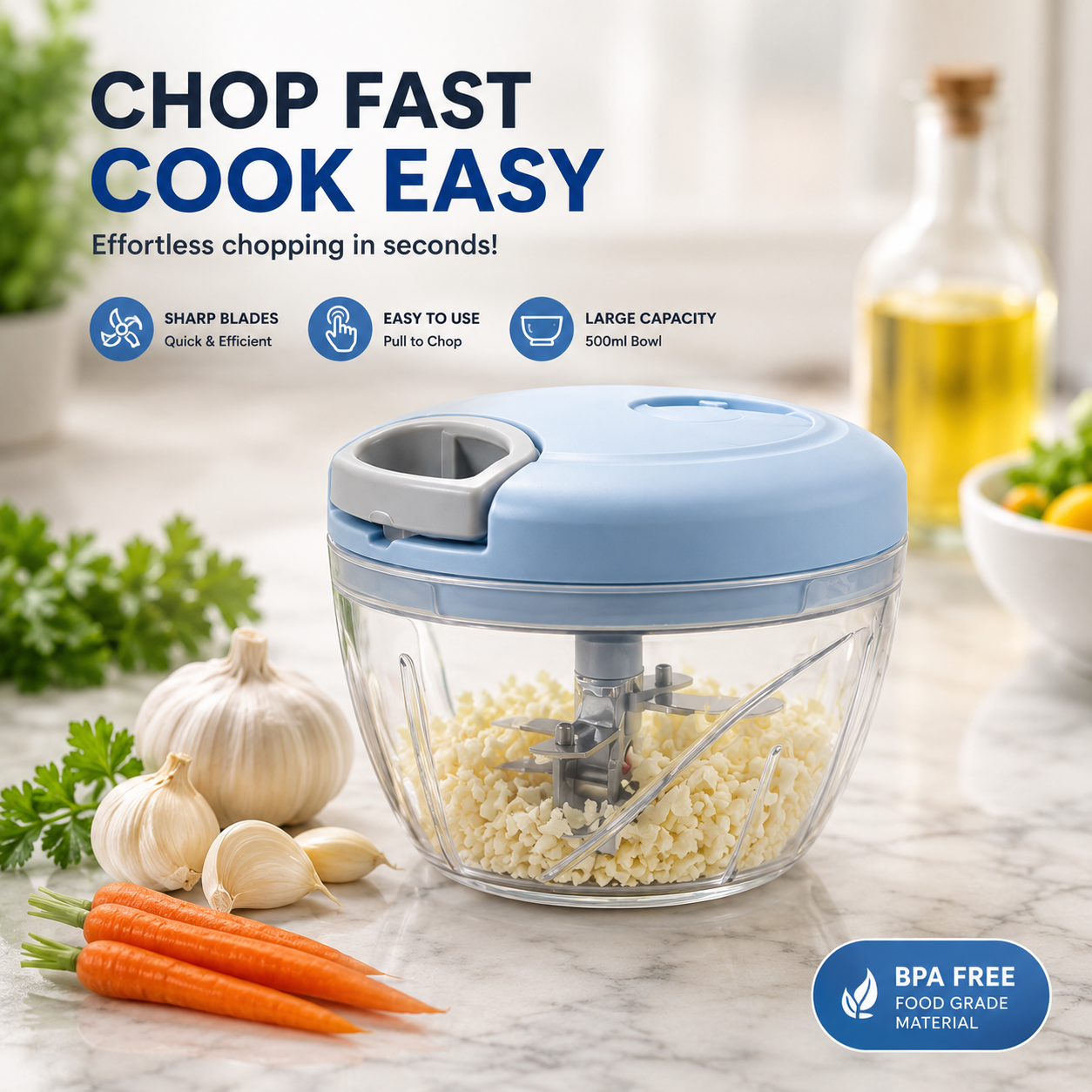 Manual Pull Cord Food Chopper – Multi-Purpose Vegetable, Onion, Garlic & Herb Chopper with Stainless Steel Blades