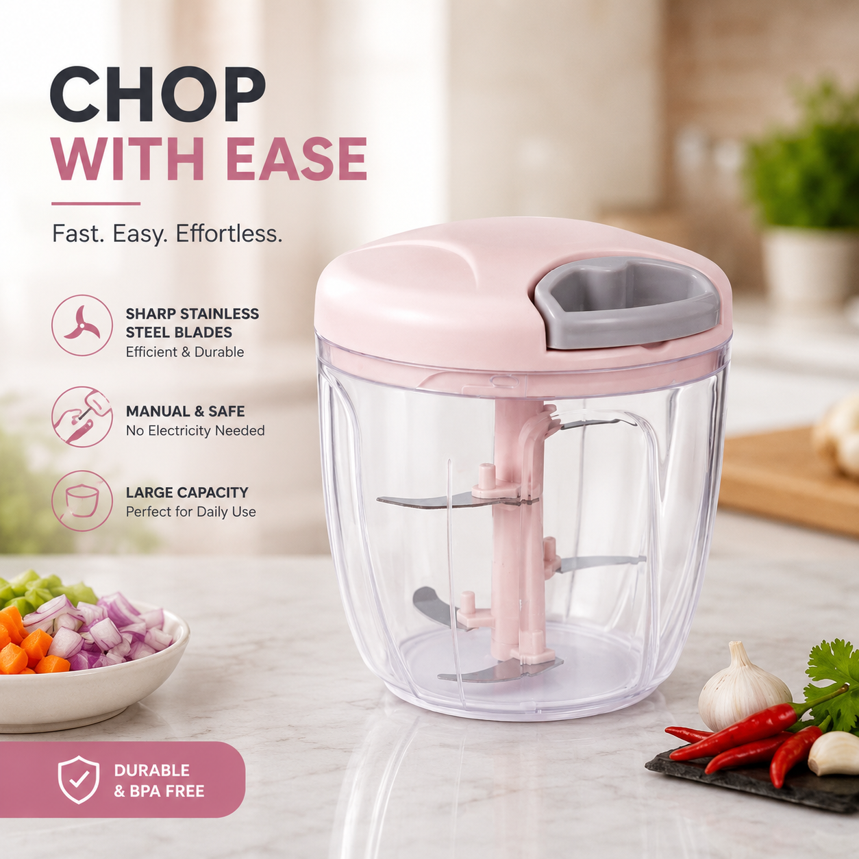 Manual Pull Cord Food Chopper – Multi-Purpose Vegetable, Onion, Garlic & Herb Chopper with Stainless Steel Blades