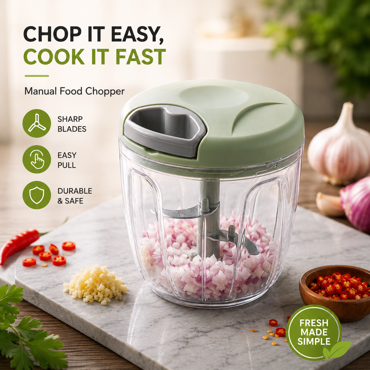 Manual Pull Cord Food Chopper – Multi-Purpose Vegetable, Onion, Garlic & Herb Chopper with Stainless Steel Blades