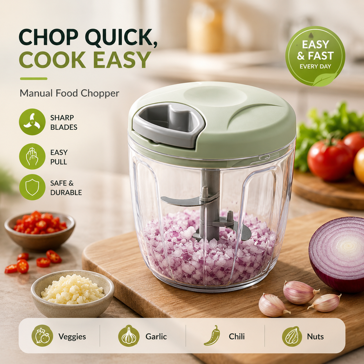 Manual Pull Cord Food Chopper – Multi-Purpose Vegetable, Onion, Garlic & Herb Chopper with Stainless Steel Blades