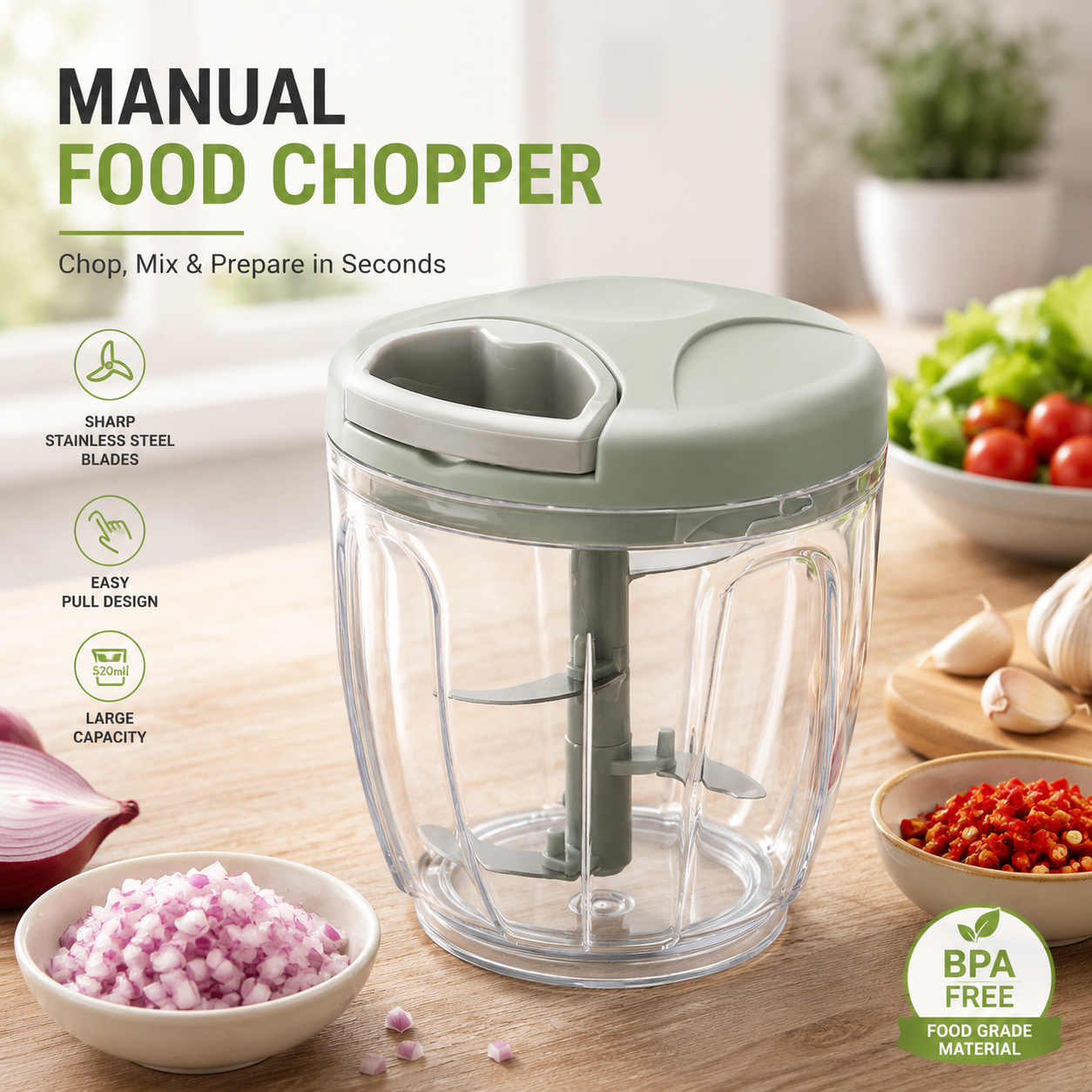 Manual Pull Cord Food Chopper – Multi-Purpose Vegetable, Onion, Garlic & Herb Chopper with Stainless Steel Blades