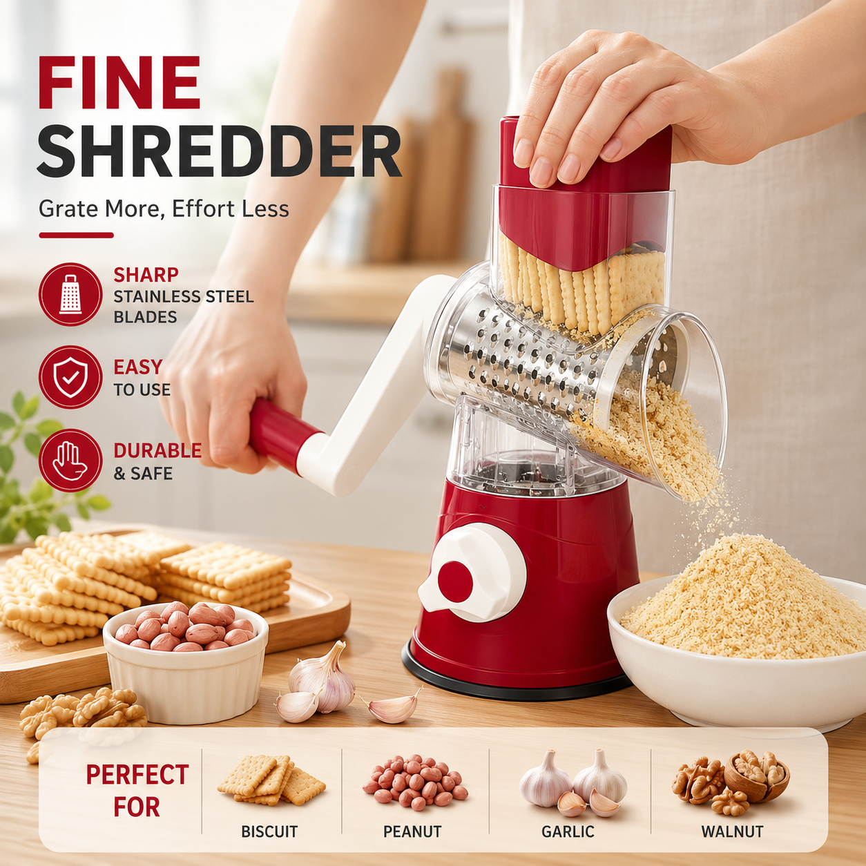 Multifunction Rotary Hand Crank Grinder – Manual Nut, Biscuit, Garlic & Food Shredder with Stainless Steel Drum Blade
