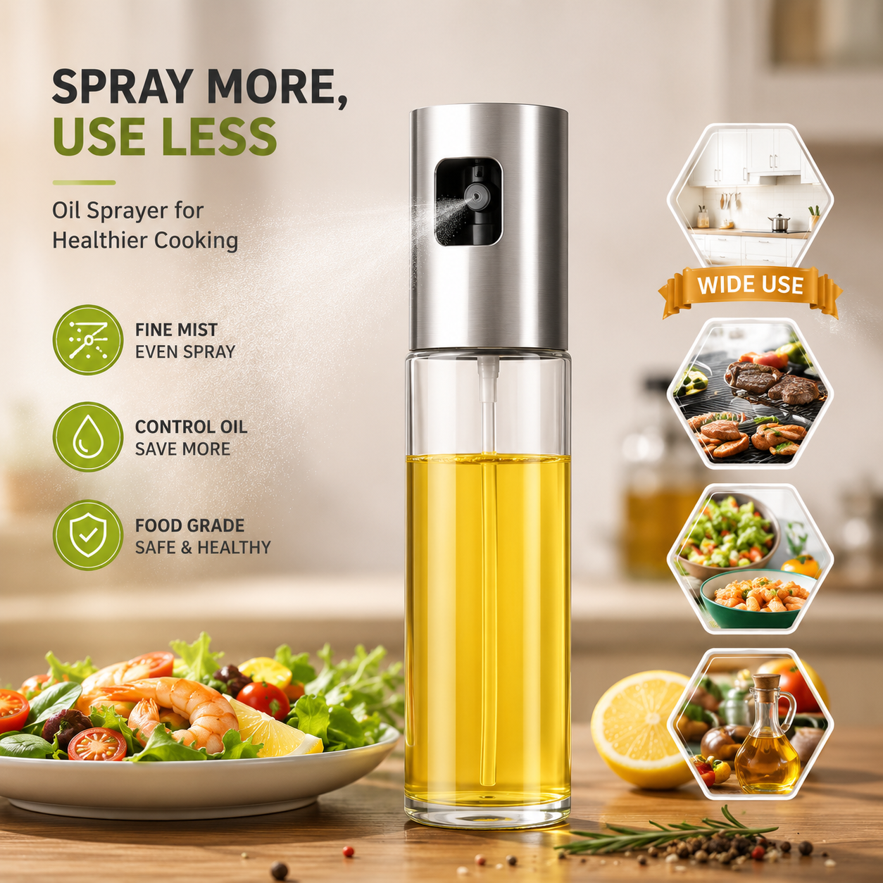 2-in-1 Oil Sprayer & Dispenser Bottle – Refillable Glass Olive Oil Spray Bottle for Cooking, BBQ, Air Fryer & Salad Dressing