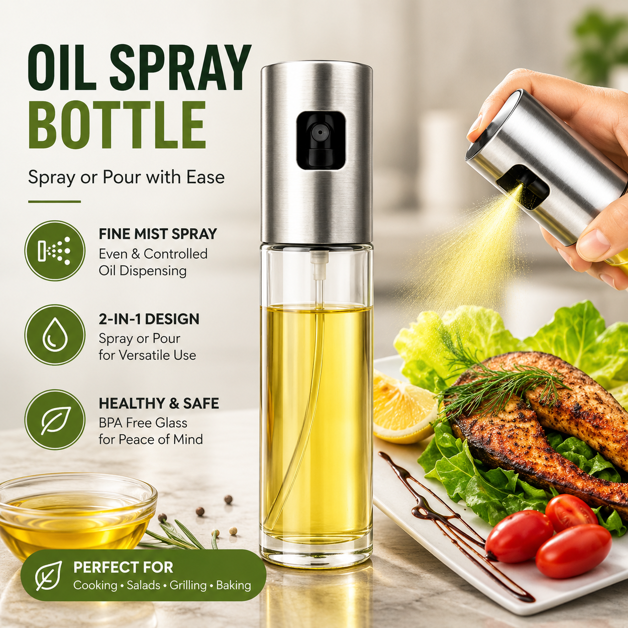 2-in-1 Oil Sprayer & Dispenser Bottle – Refillable Glass Olive Oil Spray Bottle for Cooking, BBQ, Air Fryer & Salad Dressing