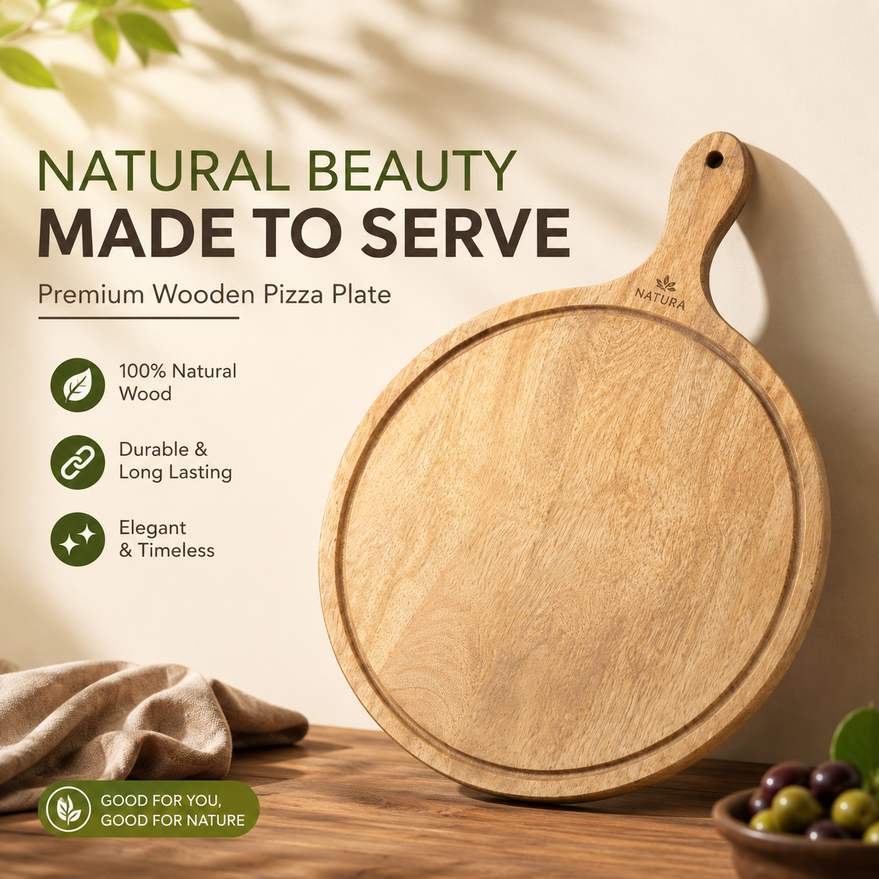 Premium Round Wooden Serving & Cutting Board – Natural Hardwood Kitchen & Charcuterie Board