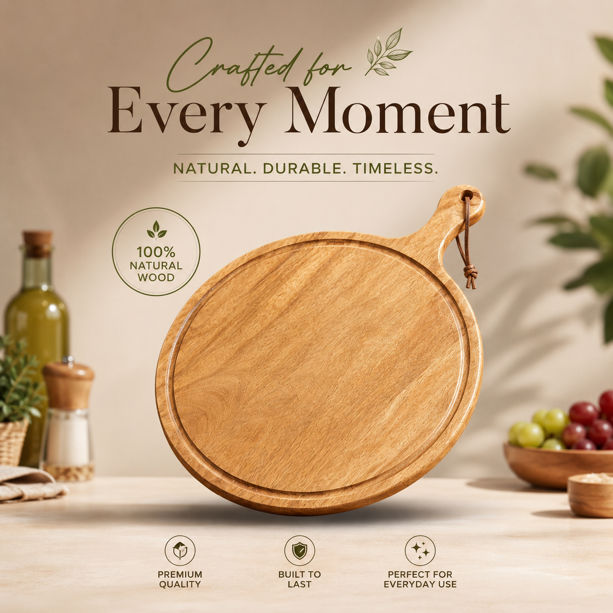 Premium Round Wooden Serving & Cutting Board – Natural Hardwood Kitchen & Charcuterie Board