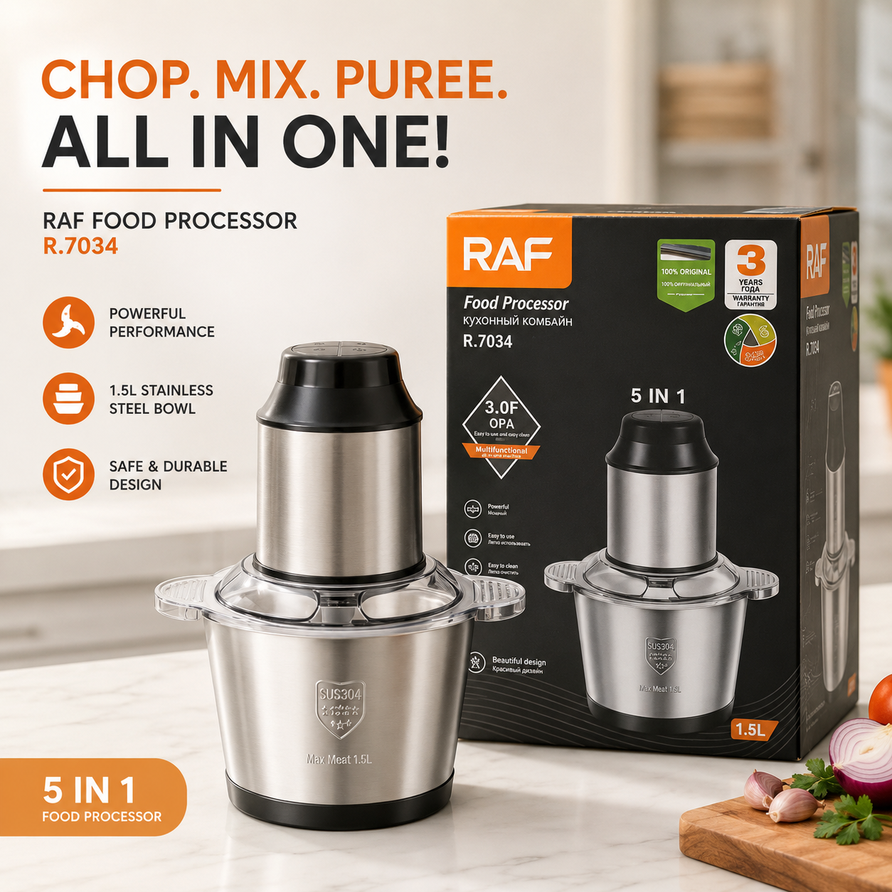 RAF 5-in-1 Electric Food Processor R.7034 – 1.5L Stainless Steel Multi-Function Chopper, Mixer & Blender
