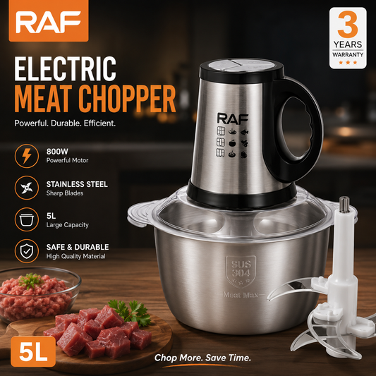 RAF 5-in-1 Electric Food Processor R.7034 – 1.5L Stainless Steel Multi-Function Chopper, Mixer & Blender