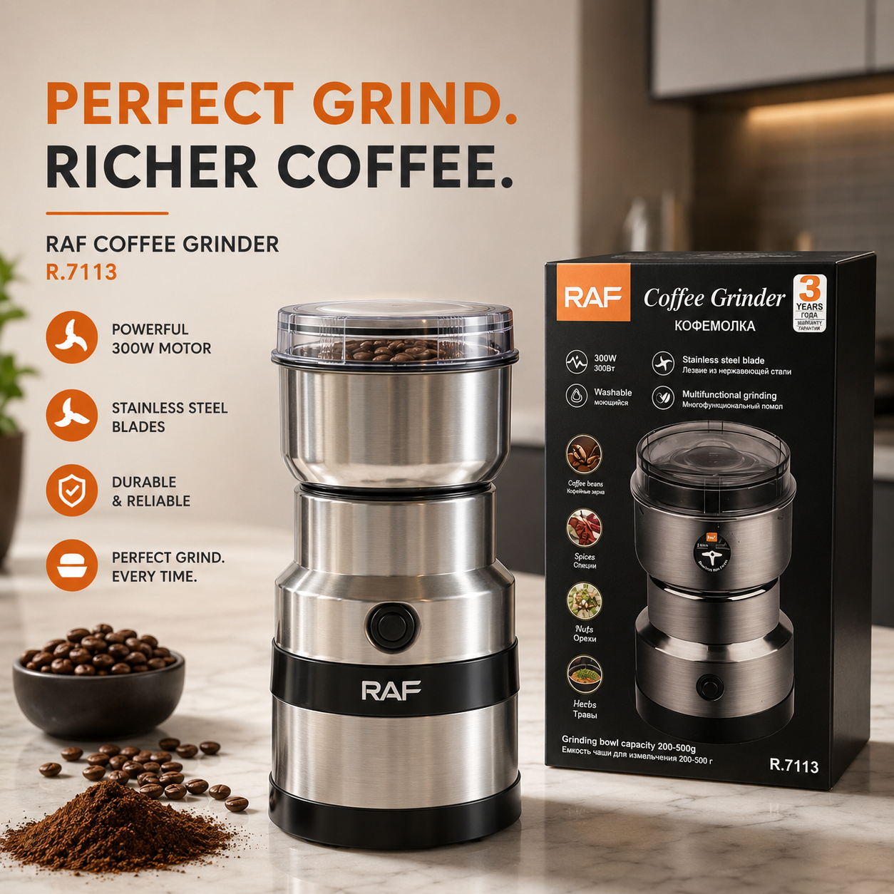Premium Electric Spice & Coffee Grinder – Stainless Steel High-Speed Dry Food Grinder for Herbs, Spices & Nuts