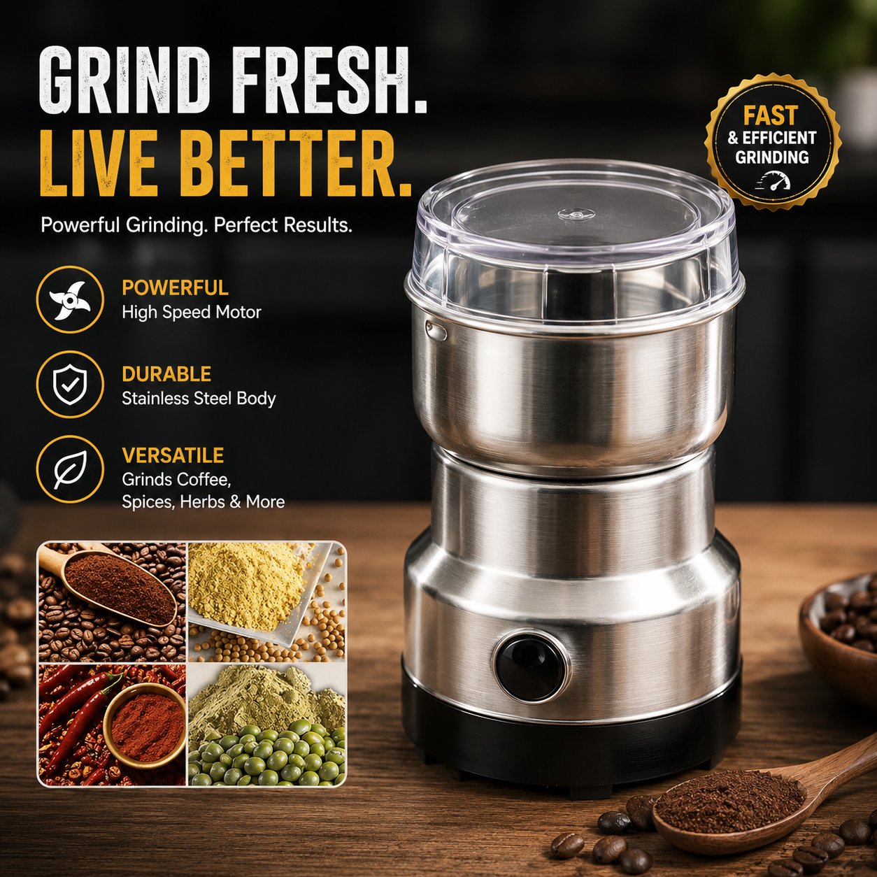Premium Electric Spice & Coffee Grinder – Stainless Steel High-Speed Dry Food Grinder for Herbs, Spices & Nuts