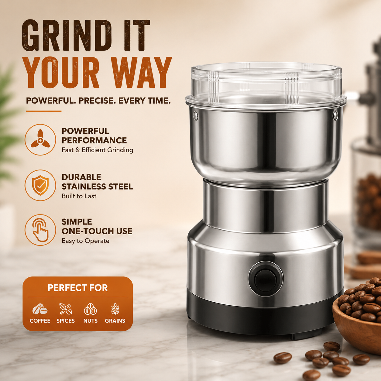 Premium Electric Spice & Coffee Grinder – Stainless Steel High-Speed Dry Food Grinder for Herbs, Spices & Nuts