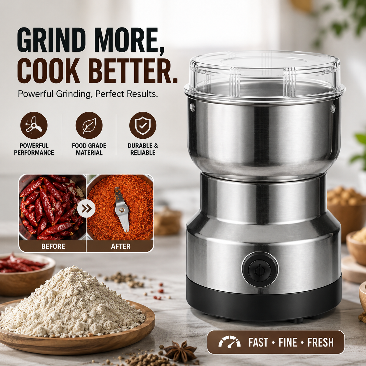 Premium Electric Spice & Coffee Grinder – Stainless Steel High-Speed Dry Food Grinder for Herbs, Spices & Nuts