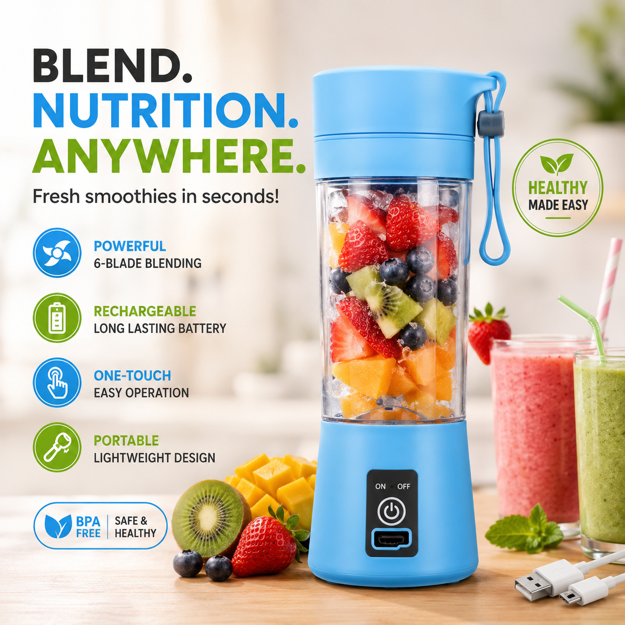 Portable USB Rechargeable Blender Bottle – Personal Smoothie Maker for Juices, Shakes & Healthy Drinks