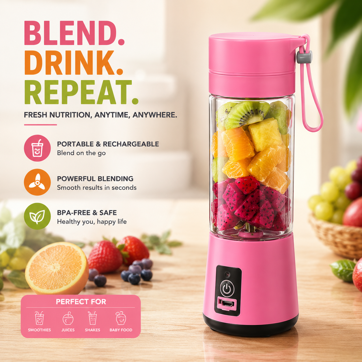 Portable USB Rechargeable Blender Bottle – Personal Smoothie Maker for Juices, Shakes & Healthy Drinks