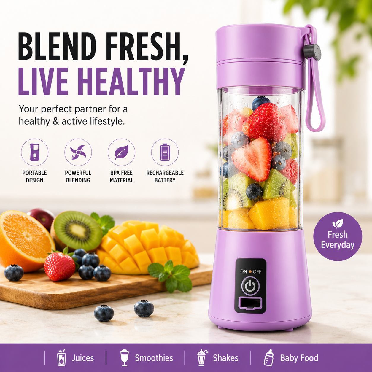 Portable USB Rechargeable Blender Bottle – Personal Smoothie Maker for Juices, Shakes & Healthy Drinks