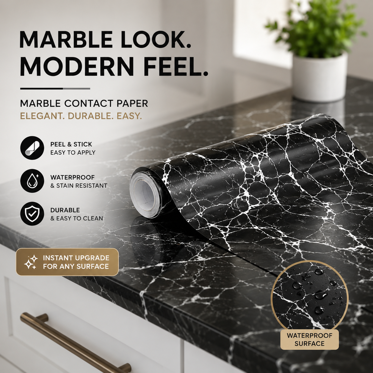 Premium Black Marble Self-Adhesive Wallpaper Roll – Waterproof Kitchen Countertop & Cabinet Renovation Sticker