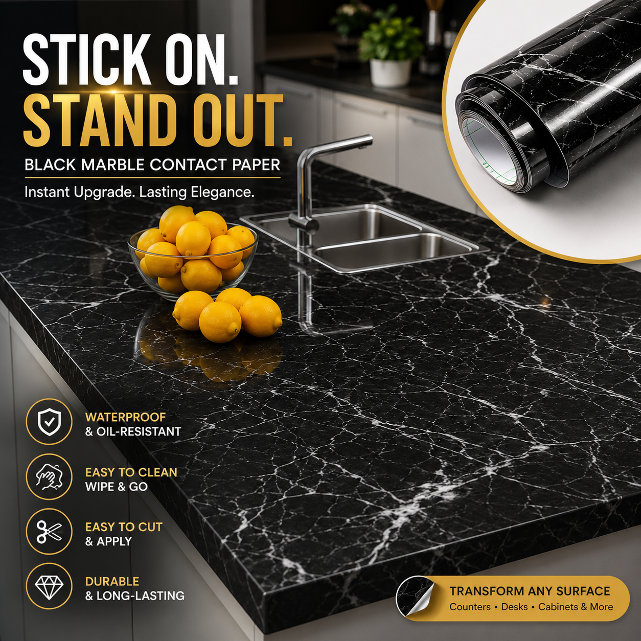 Premium Black Marble Self-Adhesive Wallpaper Roll – Waterproof Kitchen Countertop & Cabinet Renovation Sticker