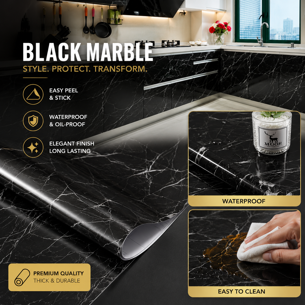 Premium Black Marble Self-Adhesive Wallpaper Roll – Waterproof Kitchen Countertop & Cabinet Renovation Sticker
