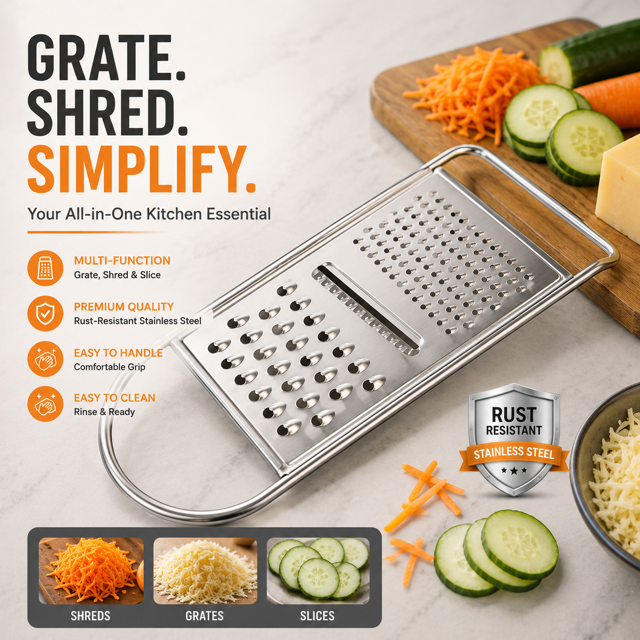 Premium Stainless Steel Multi-Purpose Flat Grater – Vegetable, Cheese &amp; Fruit Grater with Ergonomic Handle