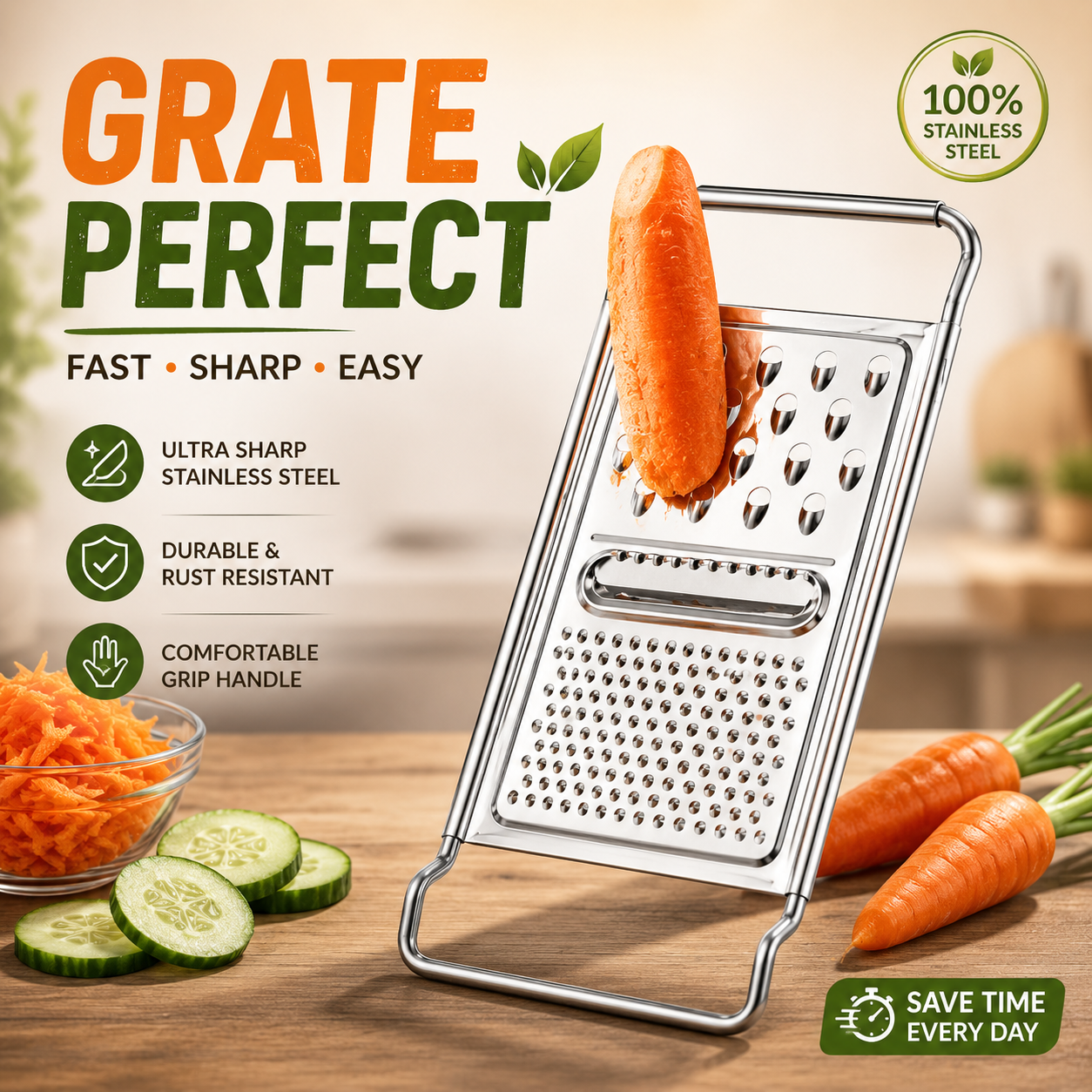 Premium Stainless Steel Multi-Purpose Flat Grater – Vegetable, Cheese &amp; Fruit Grater with Ergonomic Handle