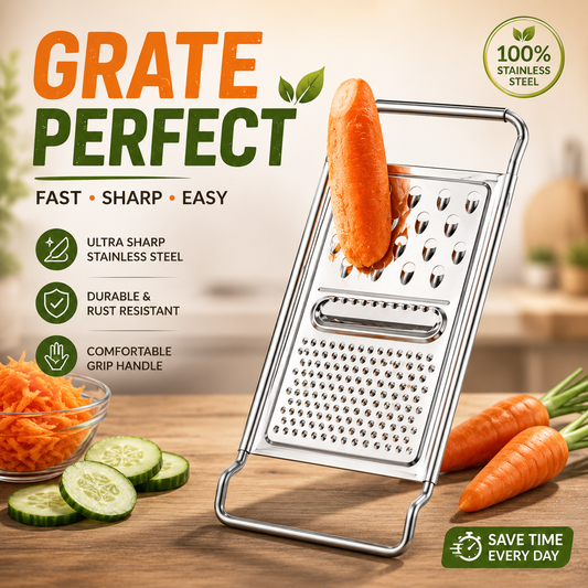 Premium Stainless Steel Multi-Purpose Flat Grater – Vegetable, Cheese &amp; Fruit Grater with Ergonomic Handle