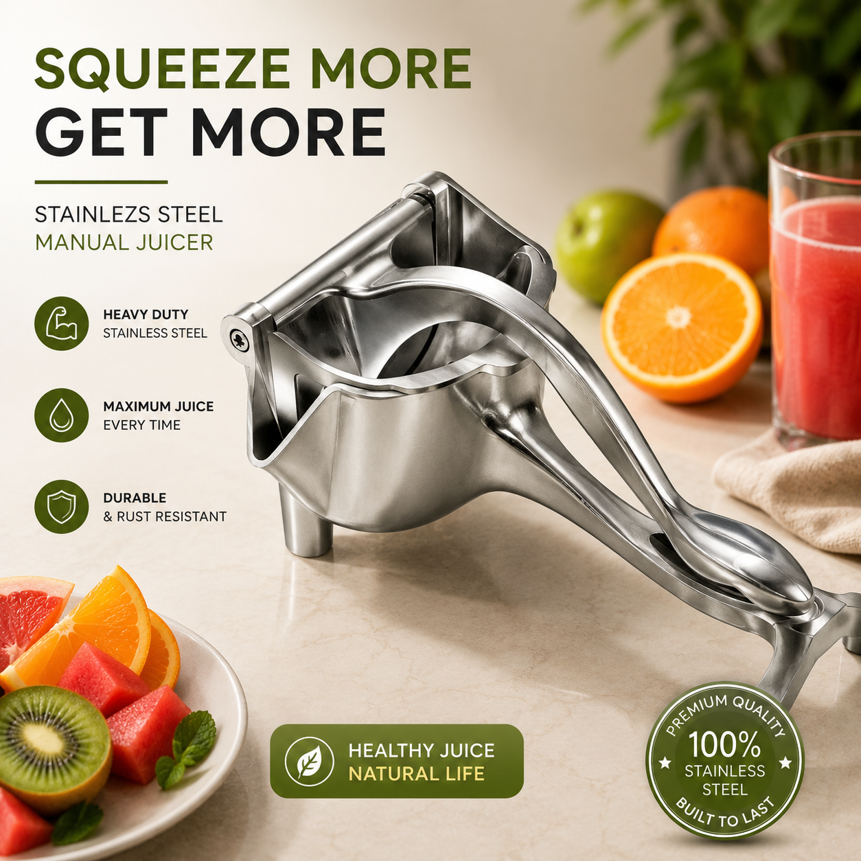 Premium Stainless Steel Manual Citrus Juicer – Heavy-Duty Hand Press Lemon, Orange &amp; Fruit Squeezer