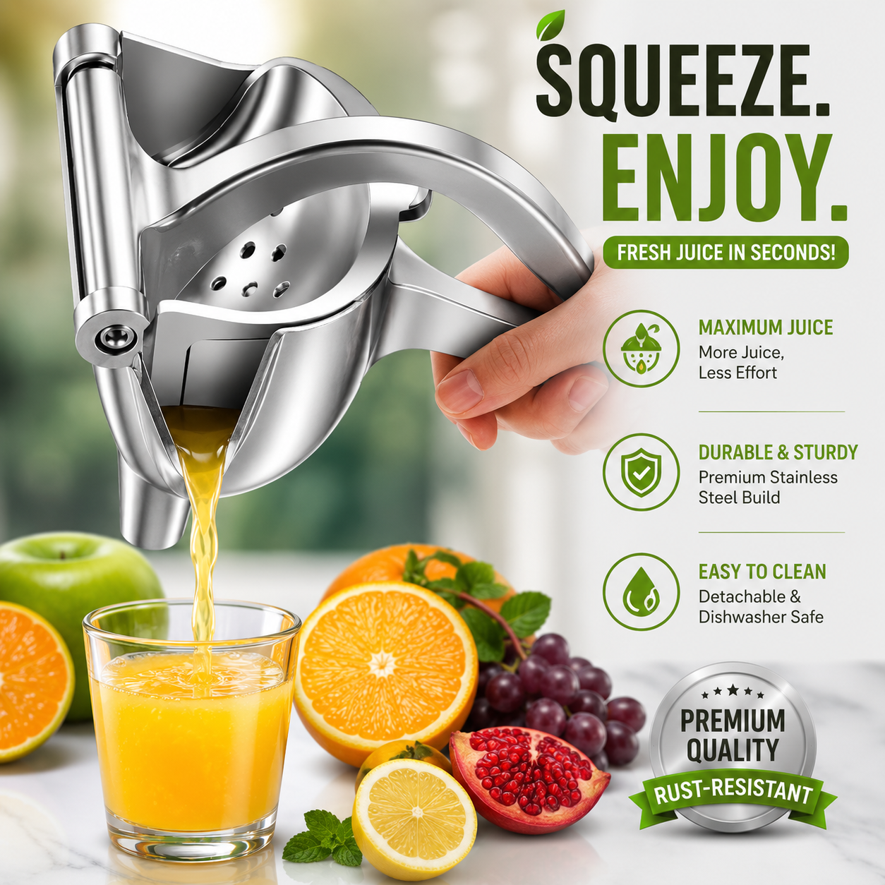 Premium Stainless Steel Manual Citrus Juicer – Heavy-Duty Hand Press Lemon, Orange &amp; Fruit Squeezer