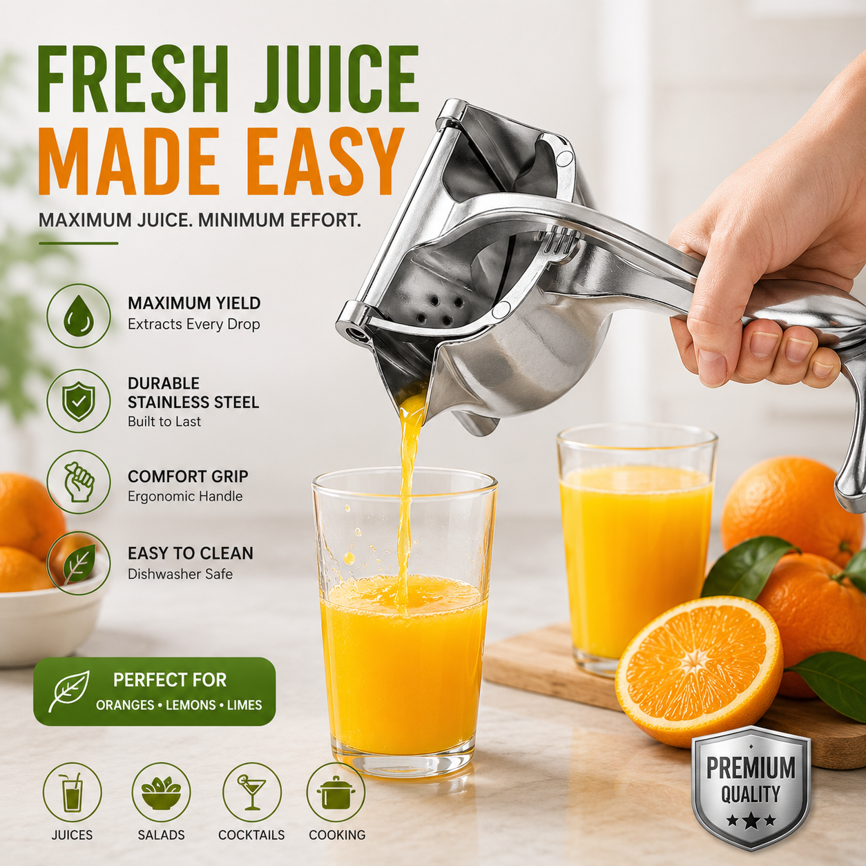 Premium Stainless Steel Manual Citrus Juicer – Heavy-Duty Hand Press Lemon, Orange &amp; Fruit Squeezer