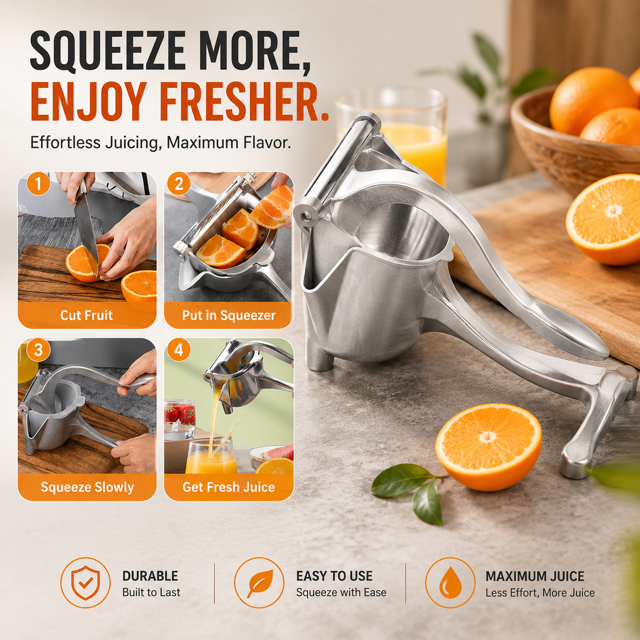 Premium Stainless Steel Manual Citrus Juicer – Heavy-Duty Hand Press Lemon, Orange &amp; Fruit Squeezer