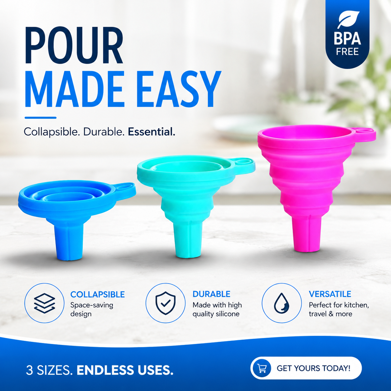 Premium Collapsible Silicone Funnel Set – 3 Sizes Foldable Kitchen &amp; Travel Funnel for Easy Liquid Transfer