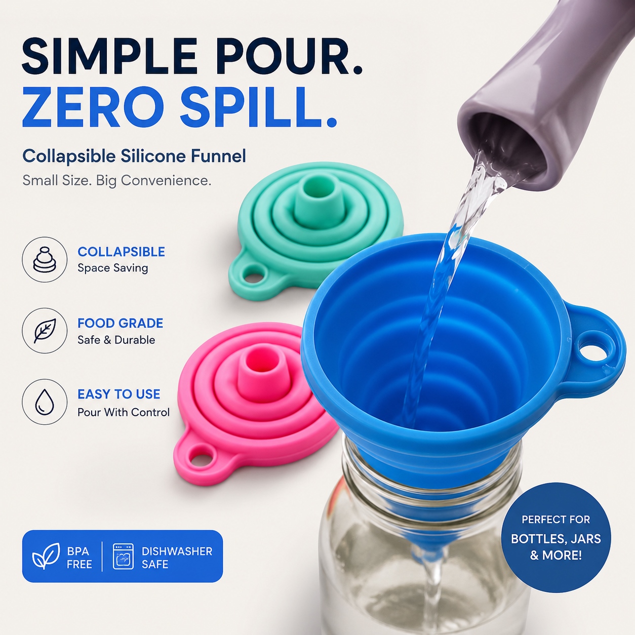 Premium Collapsible Silicone Funnel Set – 3 Sizes Foldable Kitchen &amp; Travel Funnel for Easy Liquid Transfer