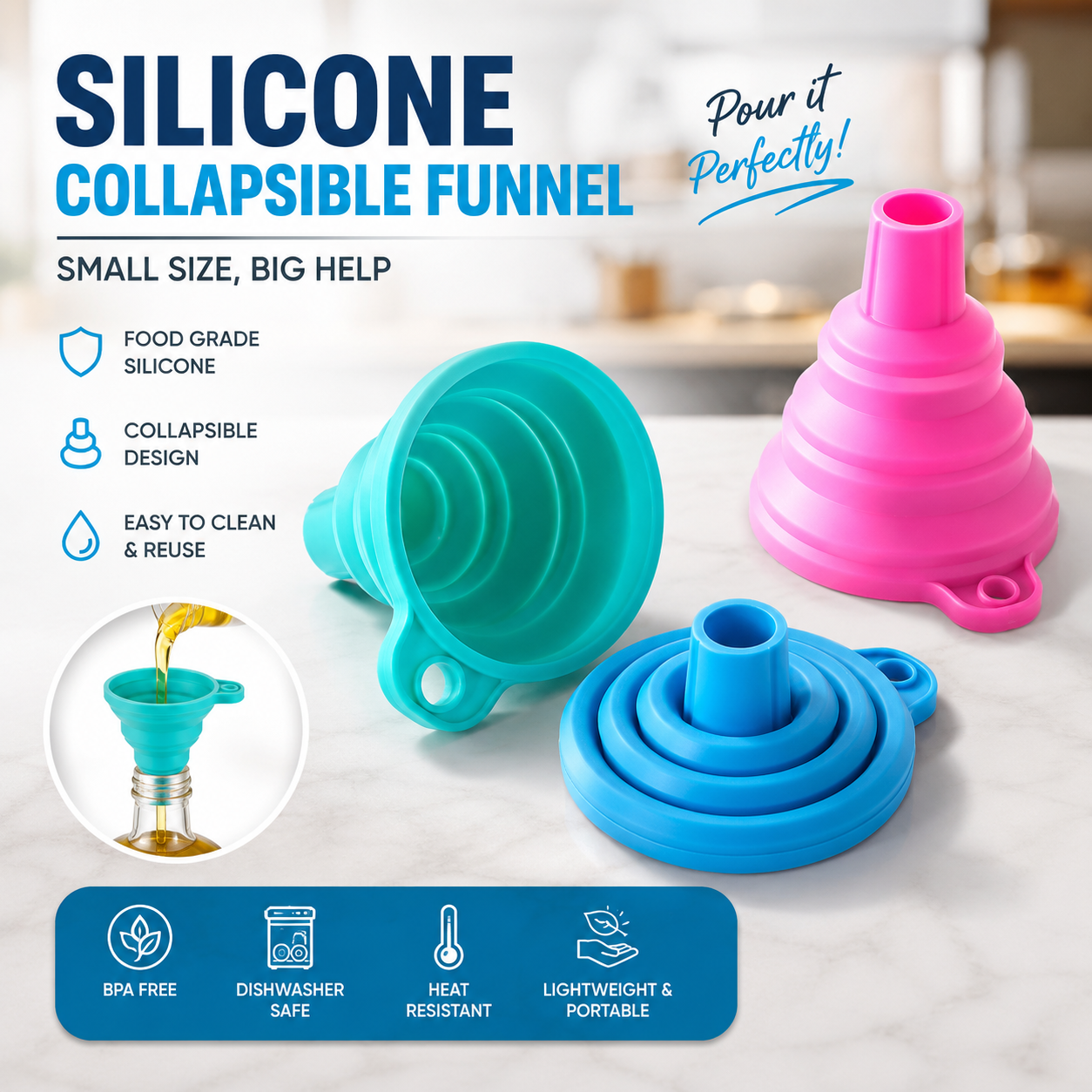 Premium Collapsible Silicone Funnel Set – 3 Sizes Foldable Kitchen &amp; Travel Funnel for Easy Liquid Transfer
