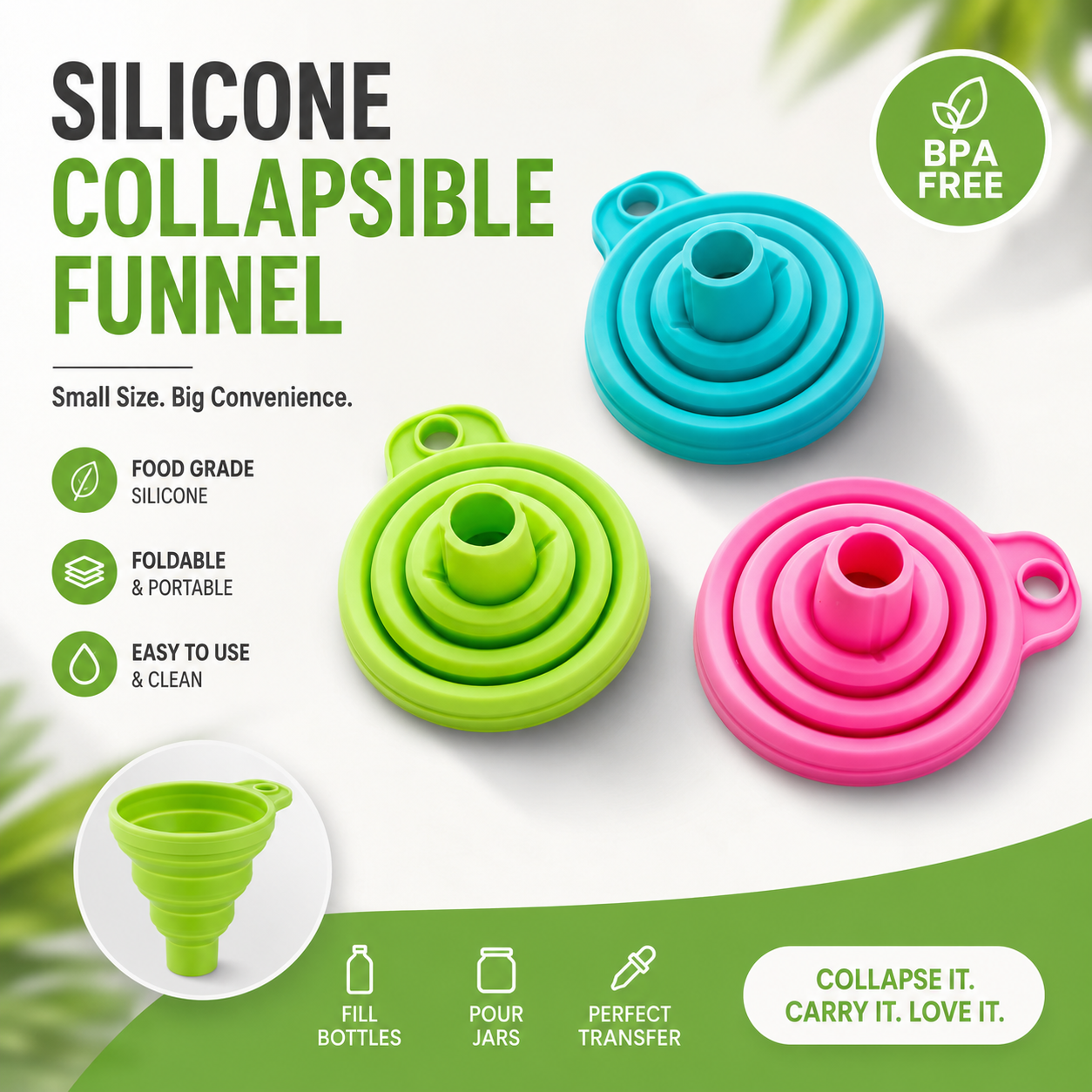 Premium Collapsible Silicone Funnel Set – 3 Sizes Foldable Kitchen &amp; Travel Funnel for Easy Liquid Transfer