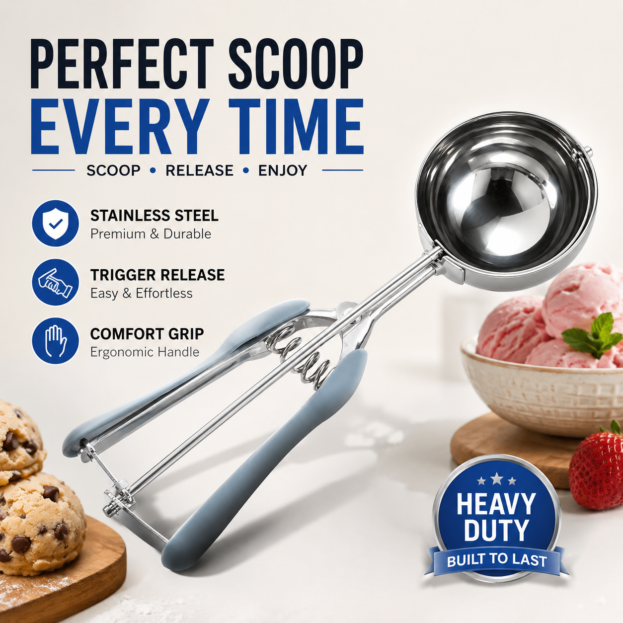 Premium Stainless Steel Ice Cream Scoop with Trigger Release – Heavy-Duty Cookie, Gelato &amp; Dessert Scooper
