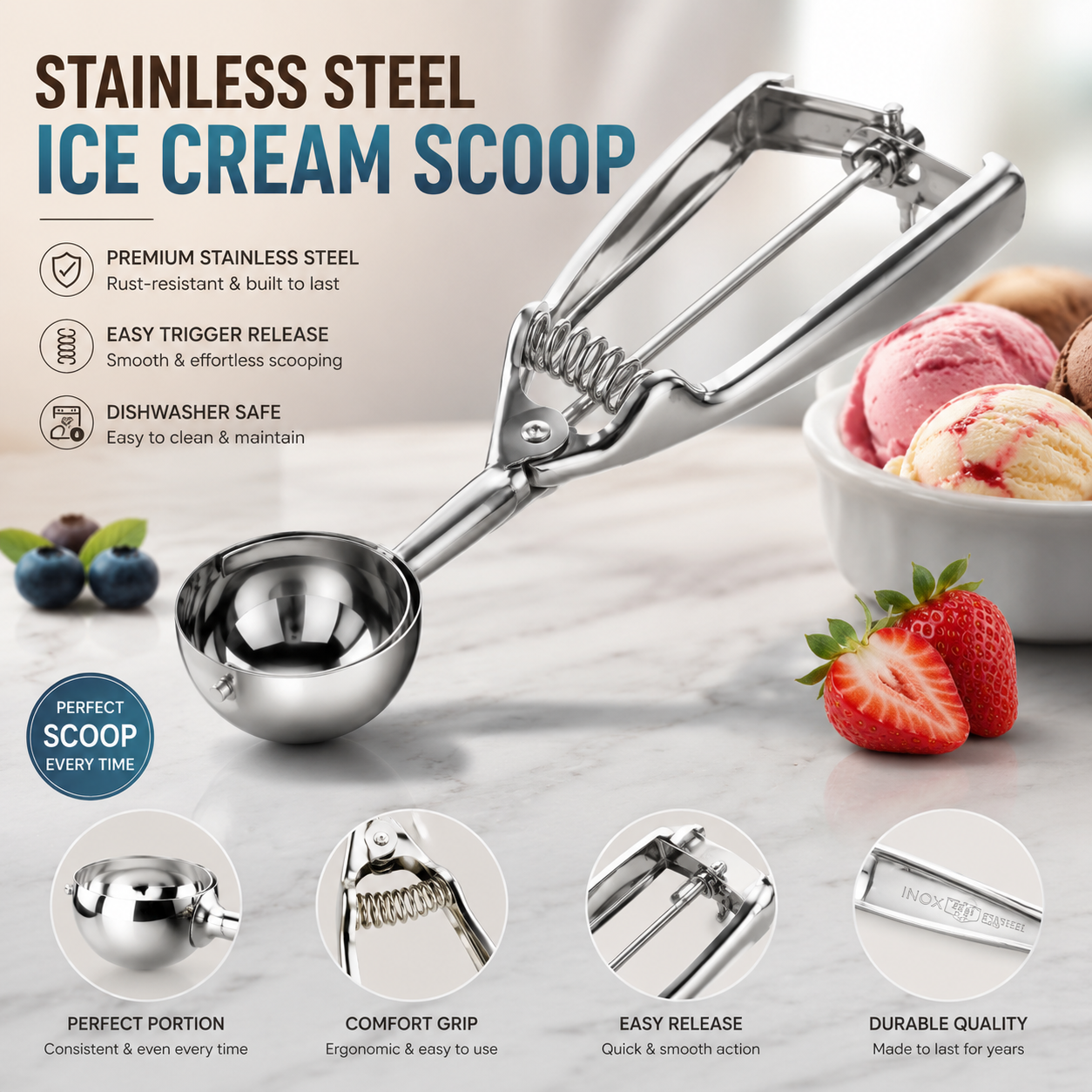 Premium Stainless Steel Ice Cream Scoop with Trigger Release – Heavy-Duty Cookie, Gelato &amp; Dessert Scooper