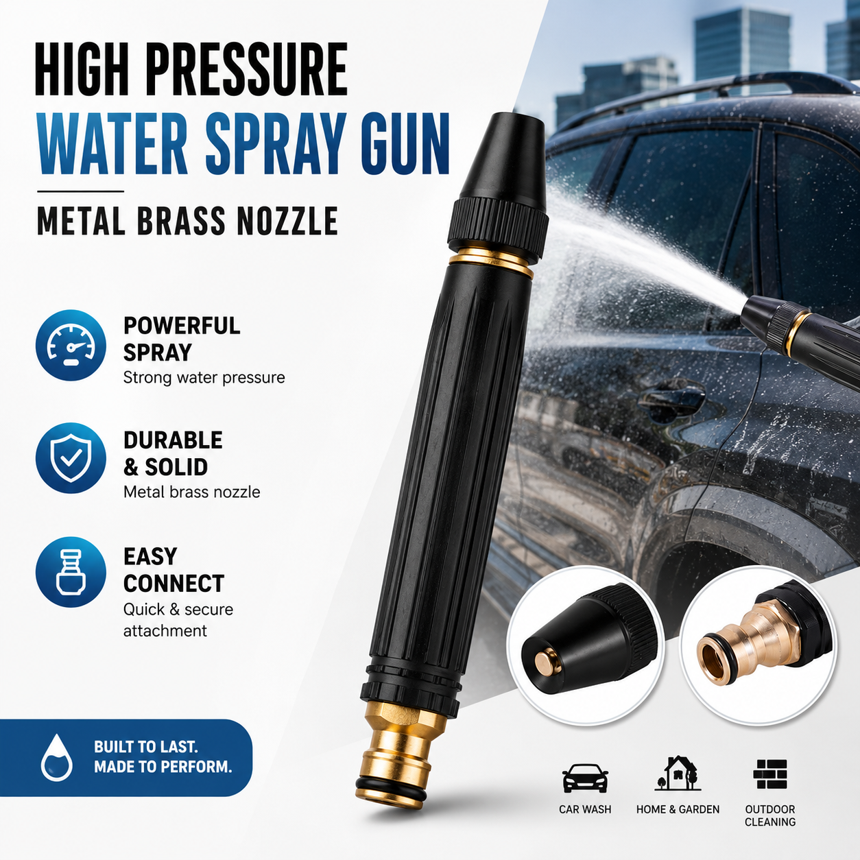 High-Pressure Brass Water Spray Nozzle – Adjustable Metal Garden Hose Sprayer for Car Wash &amp; Outdoor Cleaning