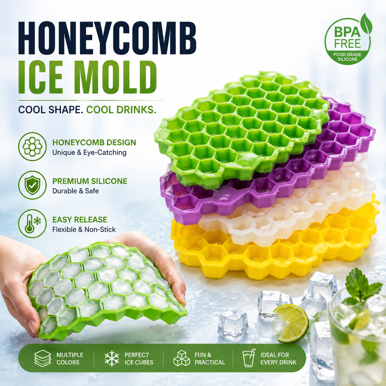 Honeycomb Silicone Ice Cube Tray with Lid – 37-Cavity BPA-Free Flexible Ice Mold for Drinks, Cocktails &amp; Beverages
