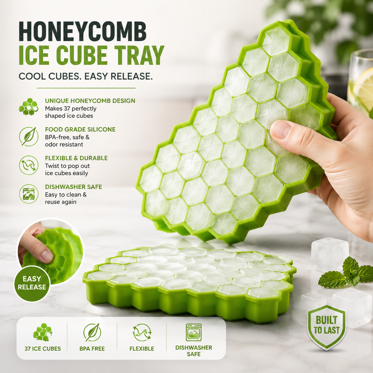 Honeycomb Silicone Ice Cube Tray with Lid – 37-Cavity BPA-Free Flexible Ice Mold for Drinks, Cocktails &amp; Beverages
