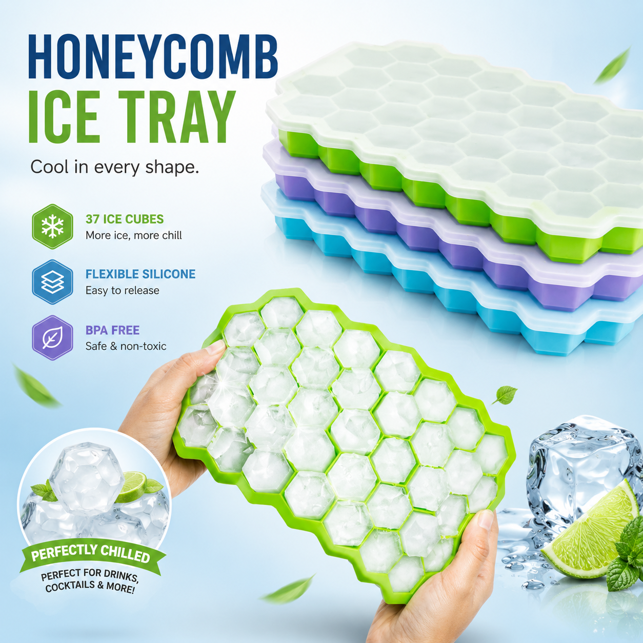 Honeycomb Silicone Ice Cube Tray with Lid – 37-Cavity BPA-Free Flexible Ice Mold for Drinks, Cocktails &amp; Beverages
