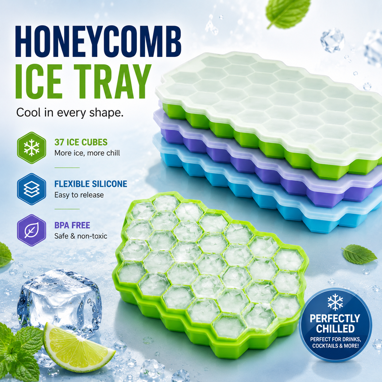 Honeycomb Silicone Ice Cube Tray with Lid – 37-Cavity BPA-Free Flexible Ice Mold for Drinks, Cocktails &amp; Beverages