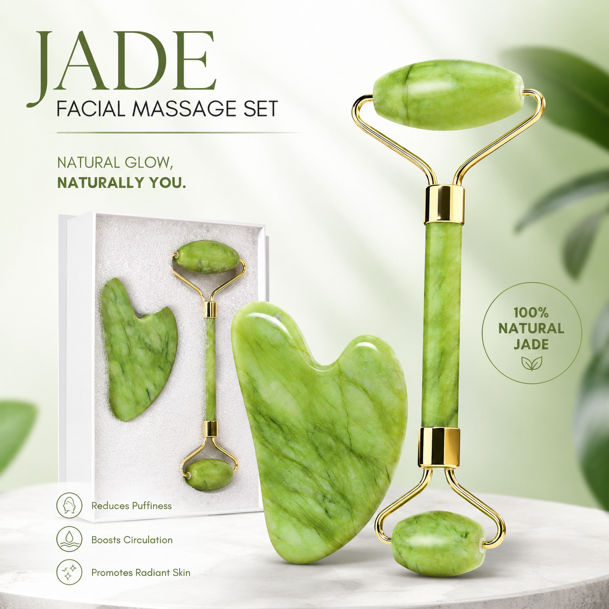 Premium Natural Jade Beauty Roller &amp; Gua Sha Facial Massage Set – Sculpt, Depuff &amp; Enhance Natural Glow