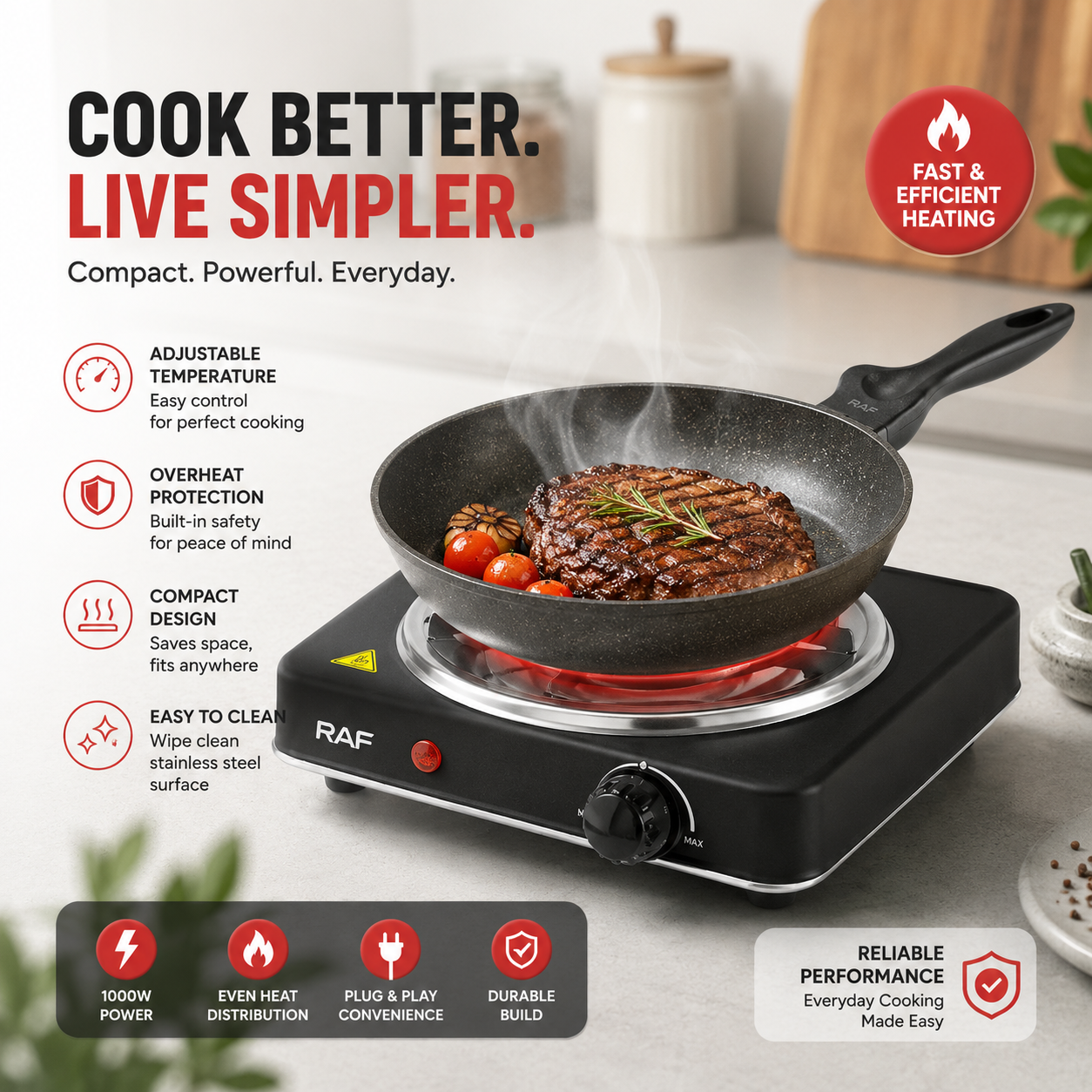 1000W Electric Hot Plate Cooker – Portable Single Burner Stove with Adjustable Temperature Control
