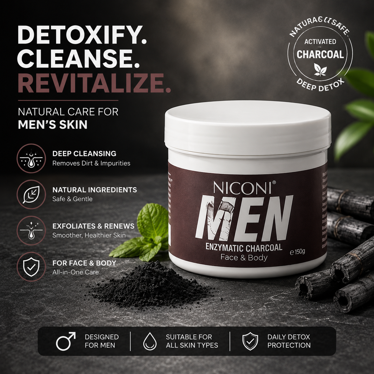 Niconi Men Enzyme De-Tan Pack – Deep Cleansing Face &amp; Body Tan Removal Mask for Men (300g)