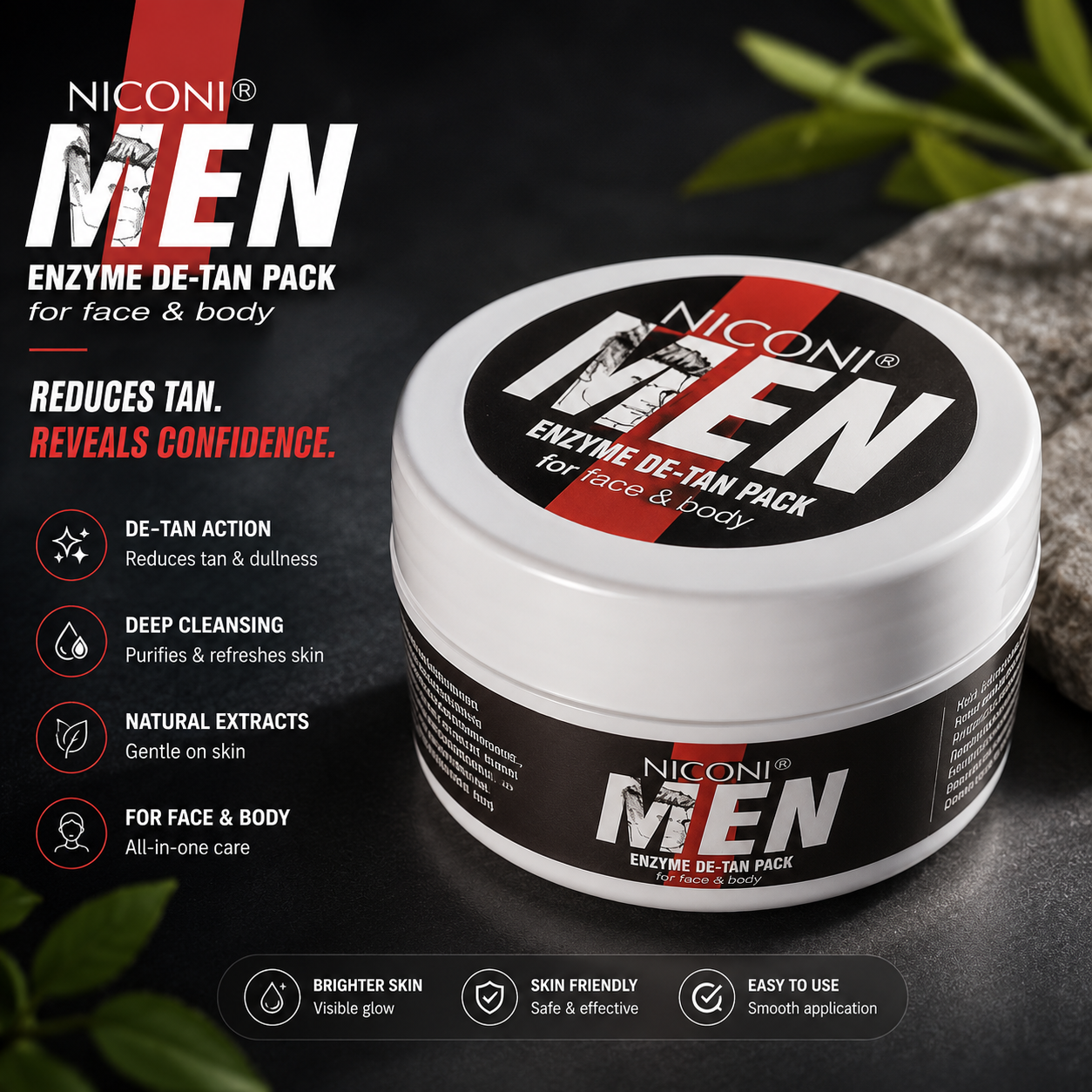 Niconi Men Enzyme De-Tan Pack – Deep Cleansing Face &amp; Body Tan Removal Mask for Men (300g)