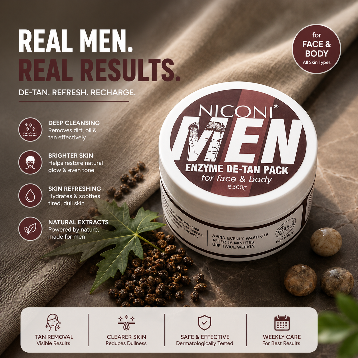 Niconi Men Enzyme De-Tan Pack – Deep Cleansing Face &amp; Body Tan Removal Mask for Men (300g)