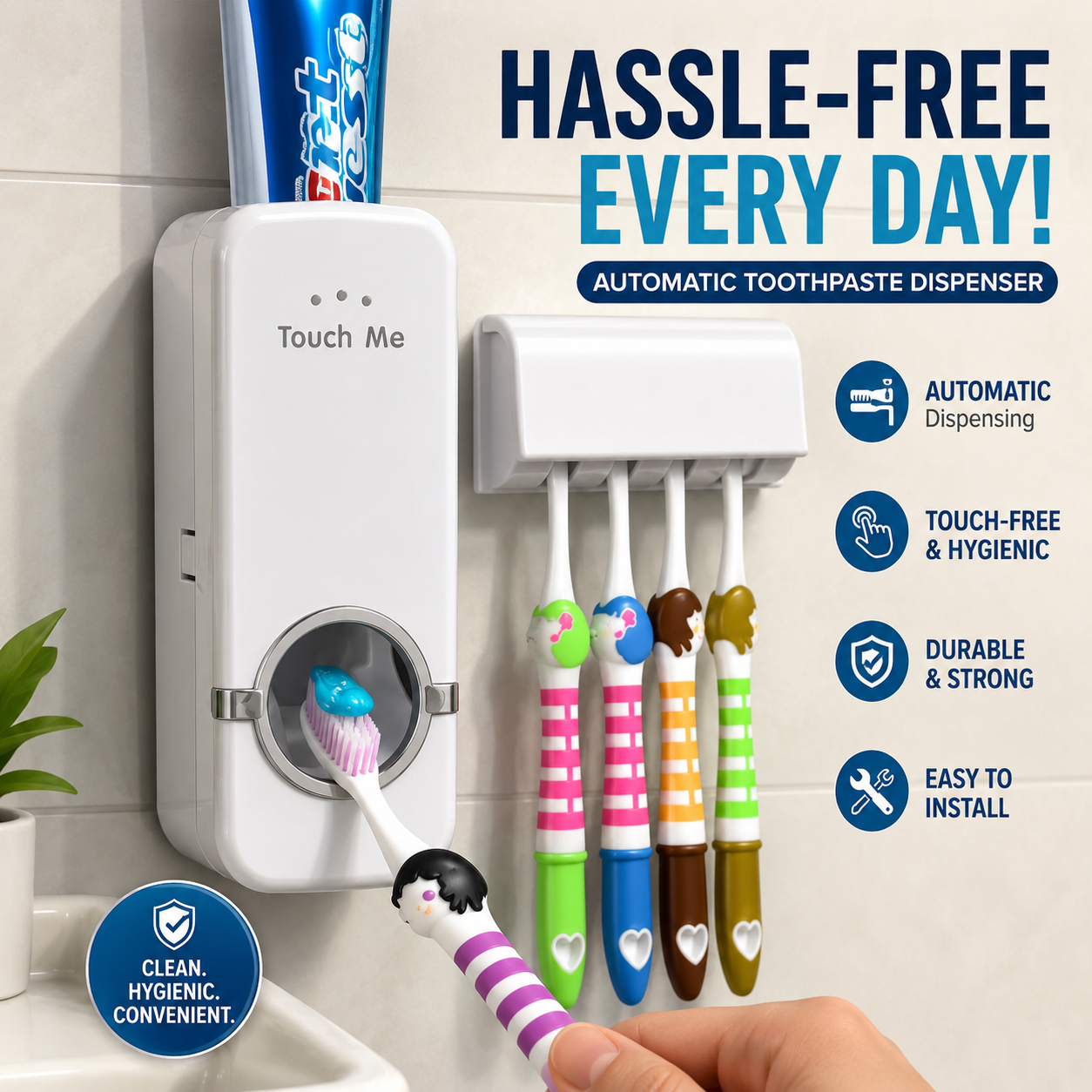 Automatic Toothpaste Dispenser &amp; 5-Slot Toothbrush Holder – Wall-Mounted Bathroom Organizer for Family Use
